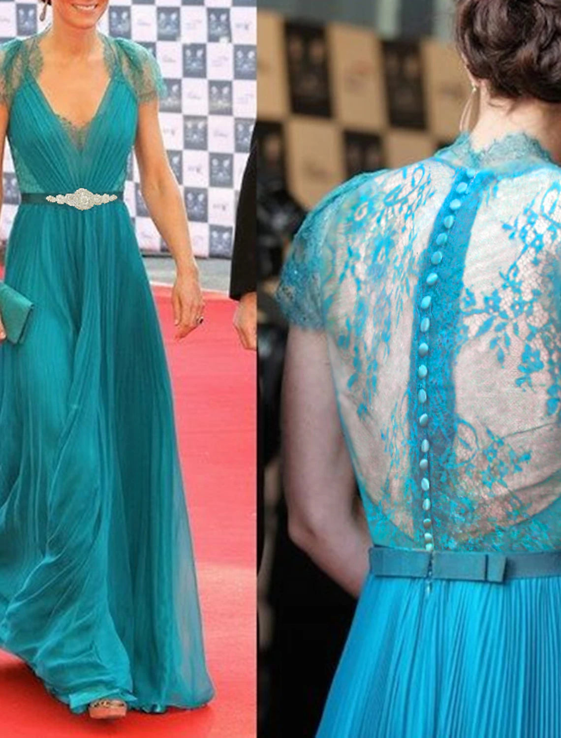 Abito da sera a trapezio, elegante, formale, da ospite di nozze, lungo fino al pavimento, manica corta, scollo a V, in chiffon con pieghe